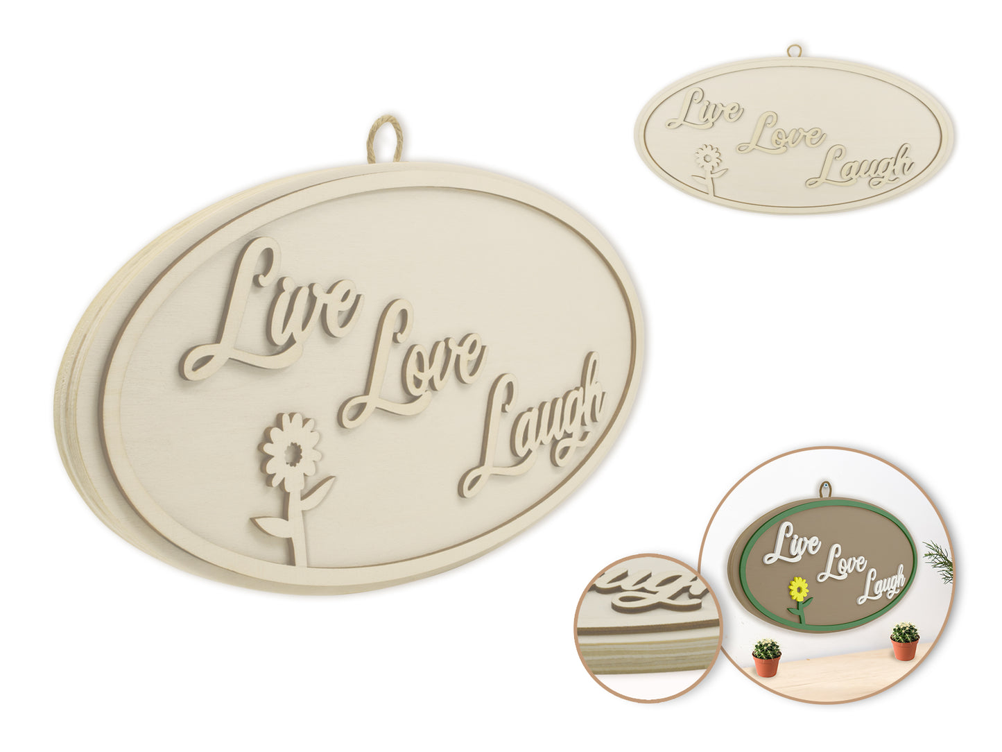 Wood Decor: 12" DIY Oval Wall Sign Plaque 3D w/Jute Hanger C) Live Love Laugh