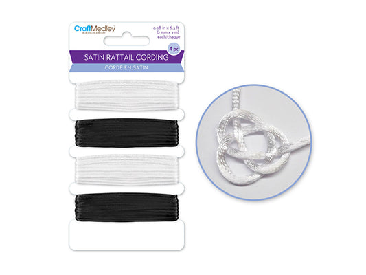 Jewelry/Craft Cording: 2mm Satin Rattail Cording 8m Asst x4 A) Black & White