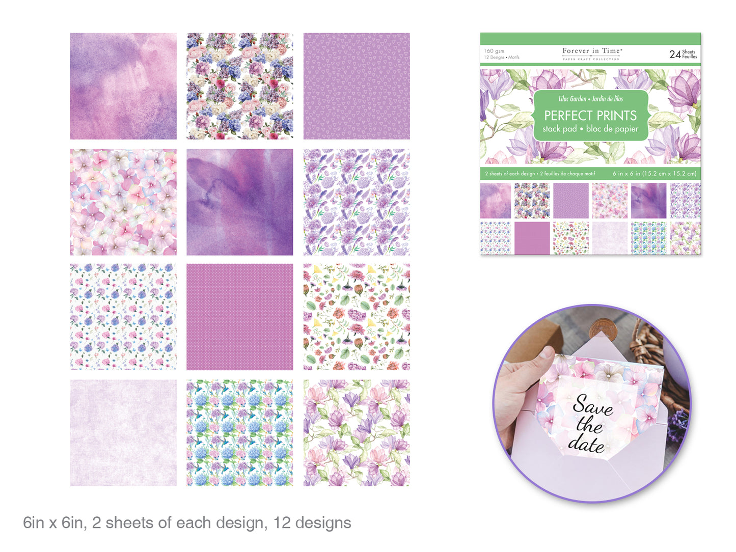 Paper Pads: 6"x6" Perfect Prints Stack Packs x24 Asst Q) Lilac Garden