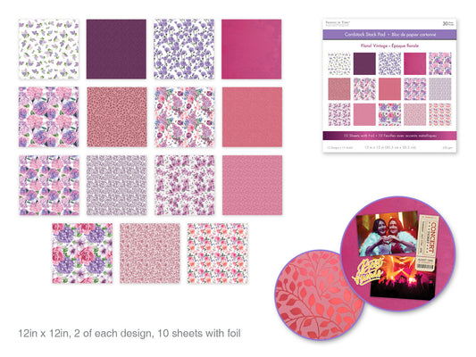 Cardstock: 12"x12" Foil Themed Stack Pad x30 (15 Designs) 230GSM A) Floral Vintage